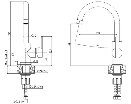 Technický výkres kuchyňské baterie s rozměry
