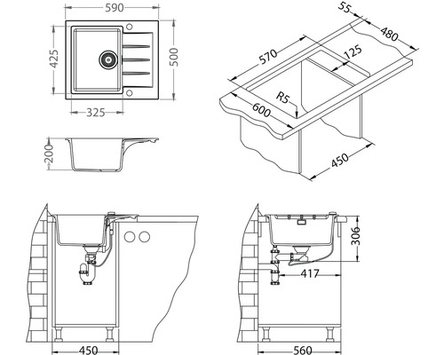 Technický výkres kuchyňského dřezu s rozměry.