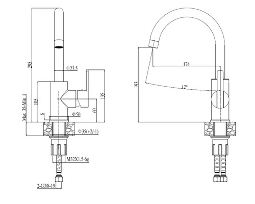 Technický nákres vodovodní baterie s rozměry