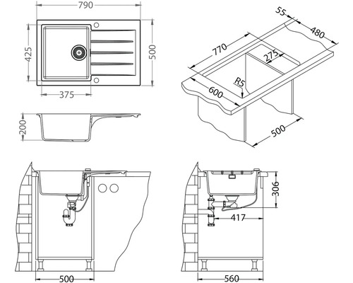 Technický výkres dřezu s rozměry