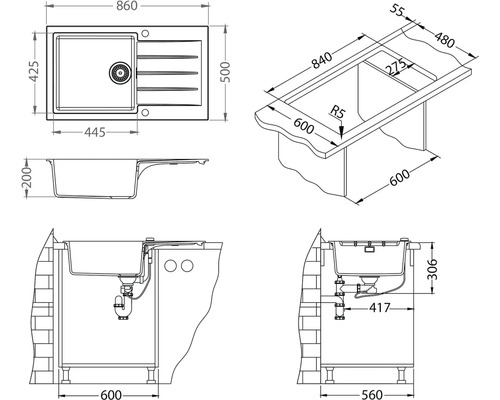 Technický výkres dřezu s rozměry.