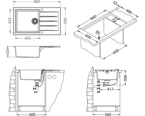 Technický nákres dřezu s rozměry
