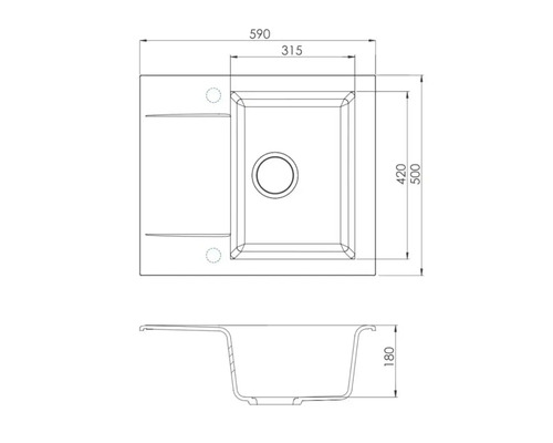 Technický výkres kuchyňského dřezu s rozměry
