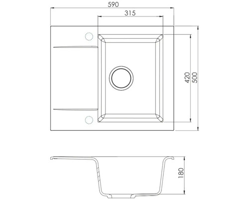Technický nákres kuchyňského dřezu s rozměry