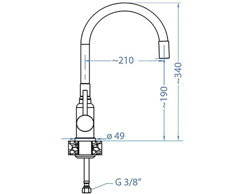 Technický výkres kuchyňské baterie s rozměry.