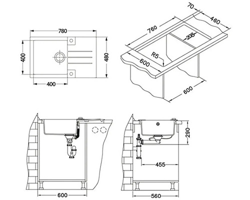 Technický nákres umyvadla s rozměry.