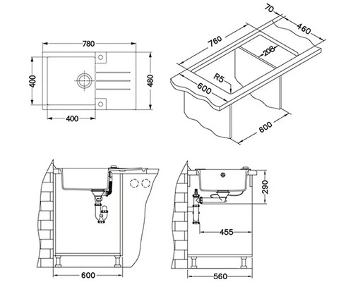 Technický nákres umyvadla s rozměry