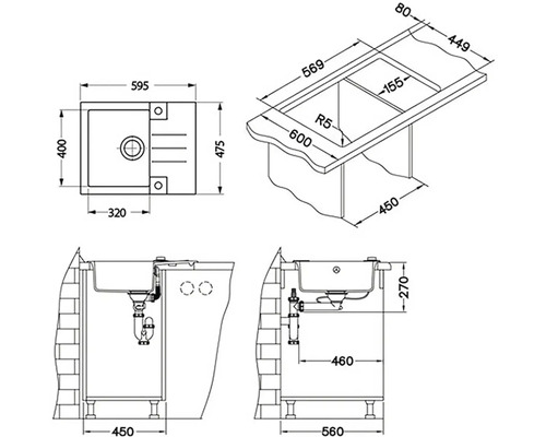 Technický výkres dřezu s rozměry.