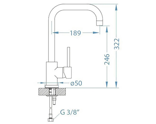 Nákres kuchyňské baterie s rozměry.