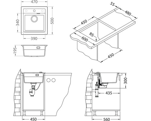 Technický výkres umyvadla s rozměry.