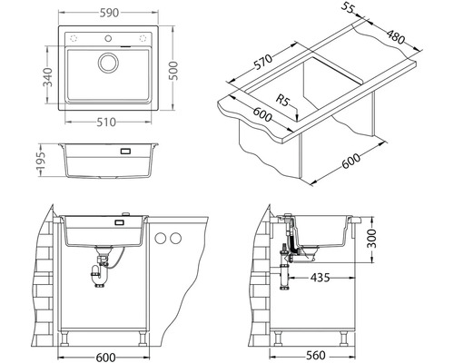Nákres dřezu s rozměry