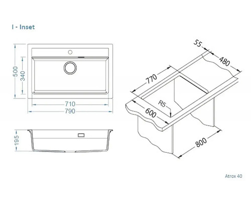 Technický nákres zapuštěného umyvadla s rozměry.
