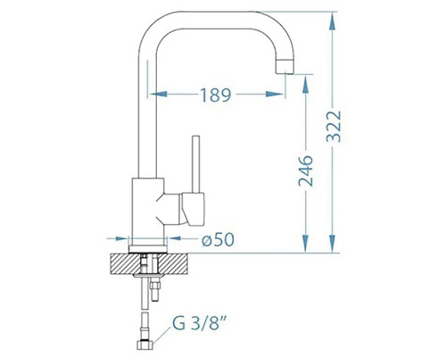 Technický nákres kuchyňské baterie s rozměry
