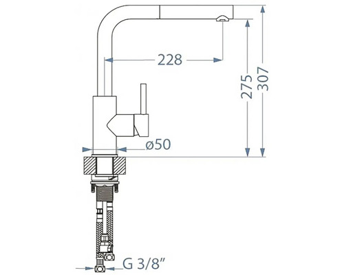 Technický nákres kuchyňské baterie s rozměry.
