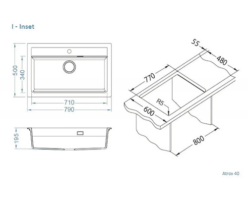 Technický nákres dřezu s rozměry pro montáž