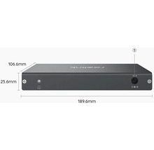 Síťový videorekordér Reolink o rozměrech 189,6 mm x 106,6 mm x 25,6 mm.
