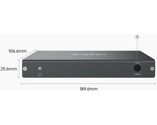 Síťový videorekordér Reolink o rozměrech 189,6 mm x 106,6 mm x 25,6 mm.