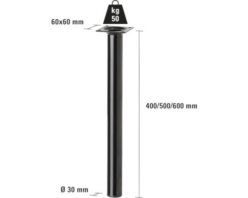 Kovová noha nábytku, výška 400/500/600 milimetrů a nosnost 50 kilogramů
