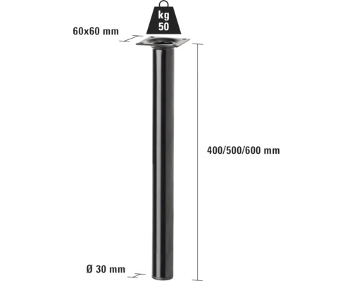 Kovová noha stolu s nosností 50 kilogramů a rozměry 400, 500 nebo 600 milimetrů.