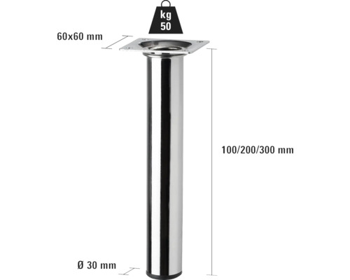 Kovová noha stolu o rozměrech 60 x 60 milimetrů, průměr 30 milimetrů a výška 100, 200 nebo 300 milimetrů, nosnost 50 kilogramů