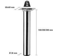 Kovová noha nábytku o rozměrech 60x60 mm, průměru 30 mm, výšce 100/200/300 mm a nosnosti 50 kg.