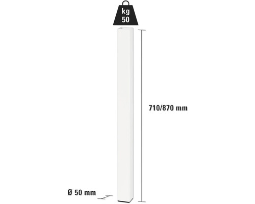 Symbol hmotnosti produktu 50 kilogramů, sloupek o průměru 50 milimetrů a výšce 710 až 870 milimetrů