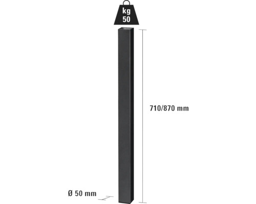 Sloupek o rozměrech 710/870 mm výšky a 50 mm průměru, hmotnost 50 kg