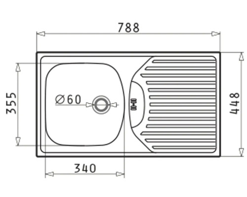 Technický nákres dřezu s odkapávací plochou a rozměry