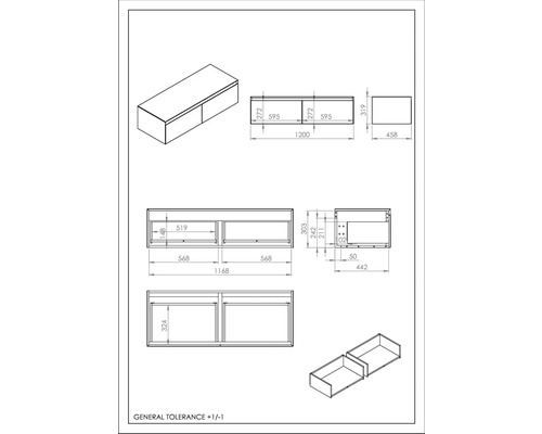 Technický výkres spodní skříňky se zásuvkami a rozměry