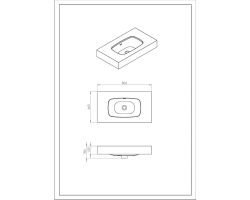 Nákres umyvadla s rozměry pro plánování koupelny