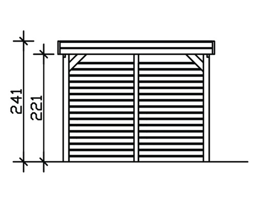 Technický nákres zahradního domku s rozměry 241 a 221 centimetrů.