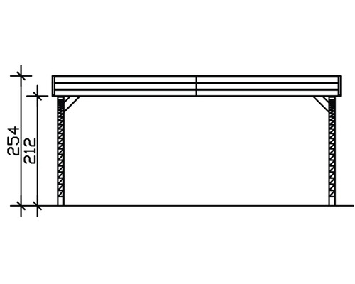 Technický nákres zastřešení terasy s výškovými údaji.