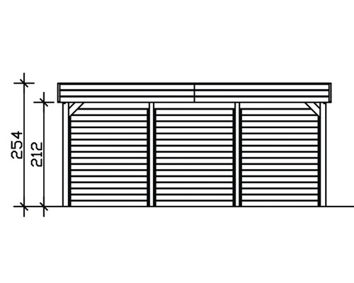 Ilustrace zahradního domku o rozměrech 254 x 212 centimetrů.