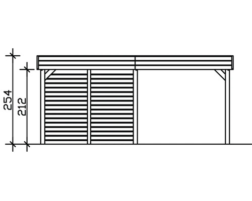 Nákres dřevěného přístřešku pro auto s rozměry 254 a 212