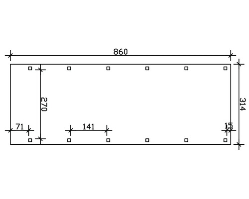 Technický výkres s rozměry: délka 860, šířka 314, vzdálenost 270