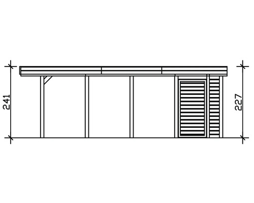 Nákres dřevěného přístřešku pro auto o rozměrech 241 a 227