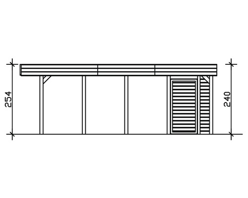 Nákres zahradního domku s výškou 240 centimetrů a celkovou výškou 254 centimetrů.