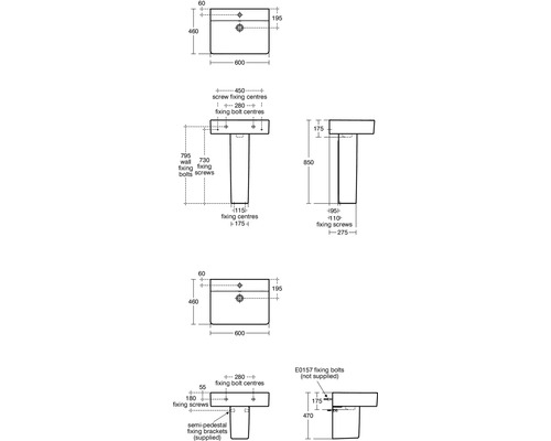 Technický nákres umyvadla s rozměry.