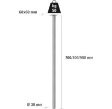 Technický výkres nohy stolu o rozměrech 700, 800 nebo 900 milimetrů délky a 30 milimetrů v průměru