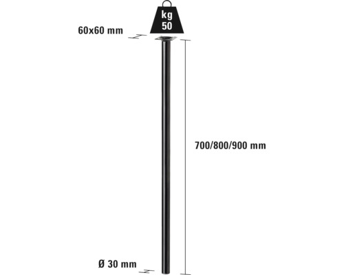Noha stolu o rozměrech 60x60 mm, průměru 30 mm a nosnosti 50 kg, délka 700/800/900 mm.