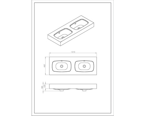Nákres umyvadlové skříňky se dvěma umyvadly a rozměry