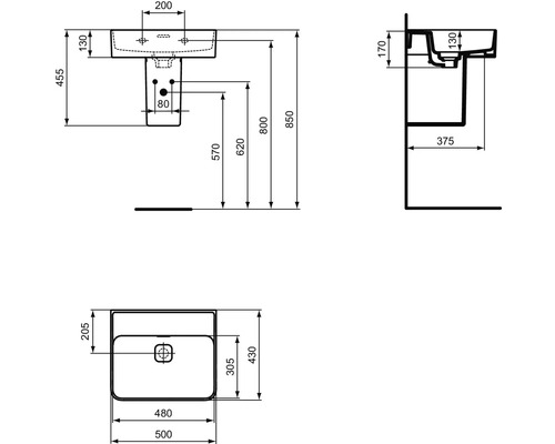 Technický výkres umyvadla s rozměry