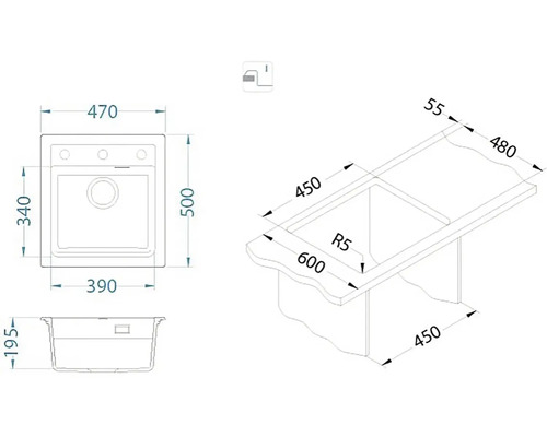 Technický nákres umyvadla s rozměry