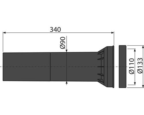 Technický výkres trubky o rozměrech průměr 90 mm, průměr 110 mm, průměr 133 mm a délka 340 mm.