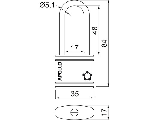 Technický nákres visacího zámku s rozměry