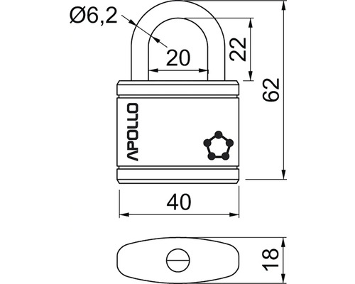 Technický nákres visacího zámku Apollo s rozměry