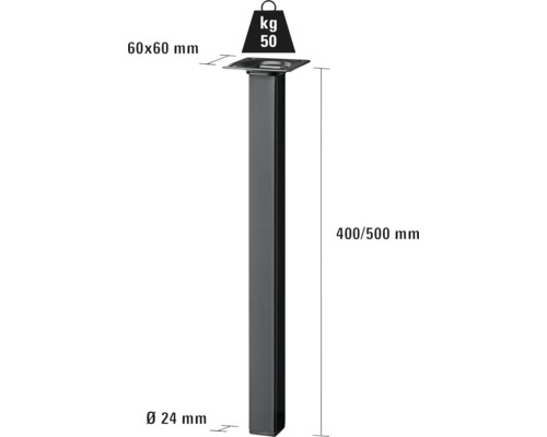 Noha stolu o rozměrech 60 x 60 milimetrů a nosností 50 kilogramů.