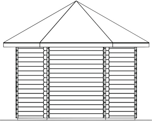 Ilustrace zahradního domku s pyramidovou střechou.
