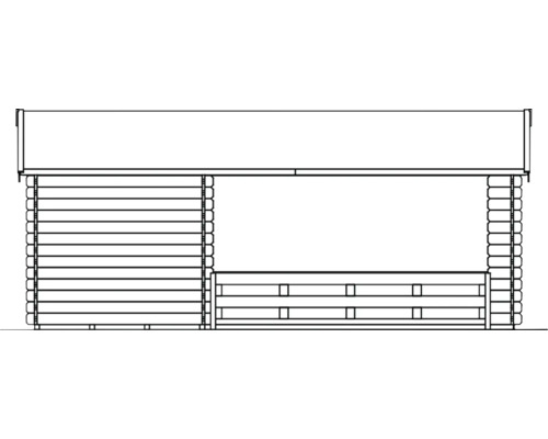 Nákres zahradního domku s dřevěnými stěnami a střechou