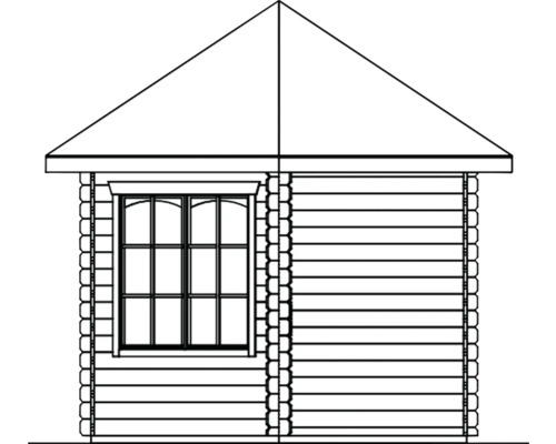 Ilustrace zahradního domku s oknem a sedlovou střechou.